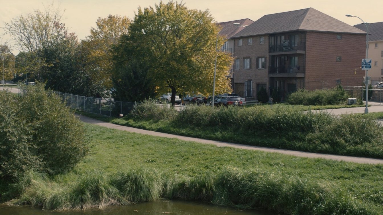 Suburban Meadowvale neighbourhood with a pond and walking trail (illustrative)