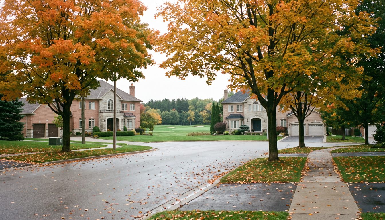 Large detached homes on a tree-lined Markham street backing onto a golf course in autumn (illustrative)