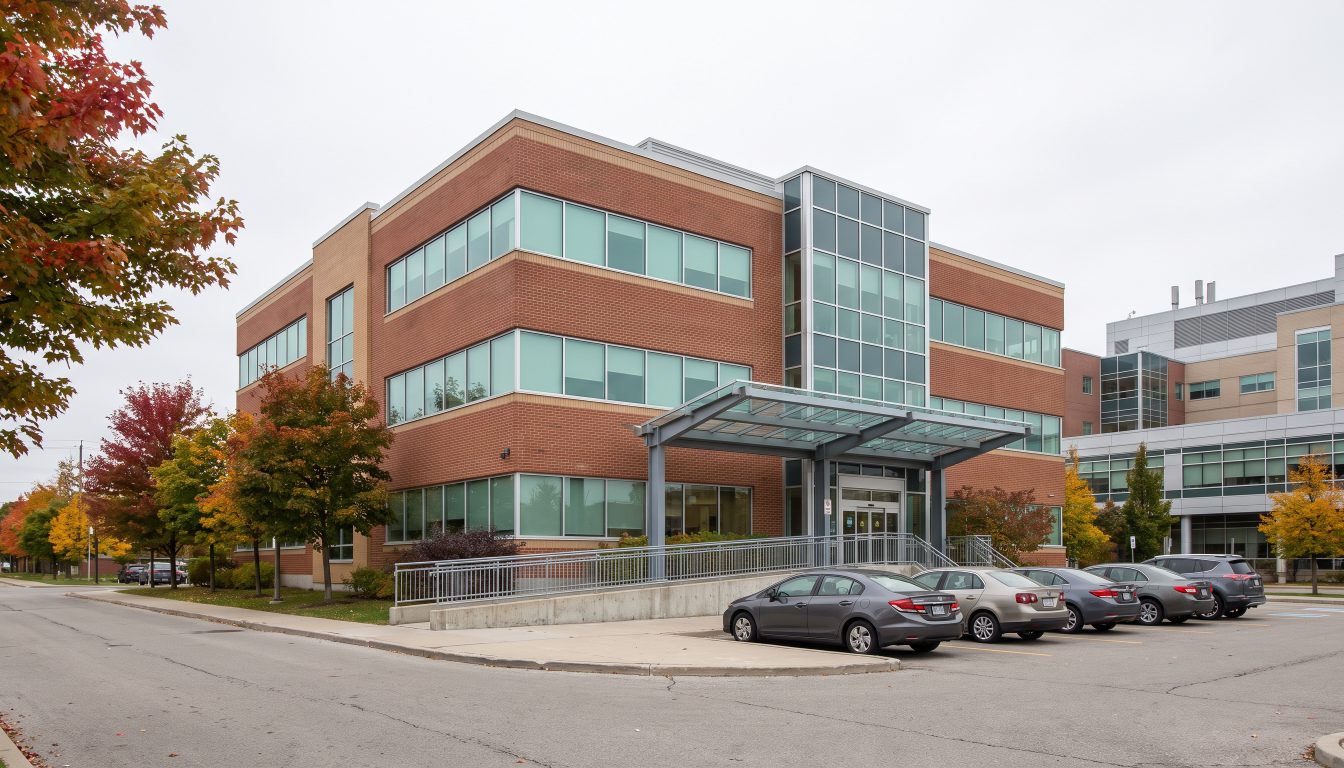 Medical office building entrance with accessible ramp and patient parking in the west GTA (illustrative)