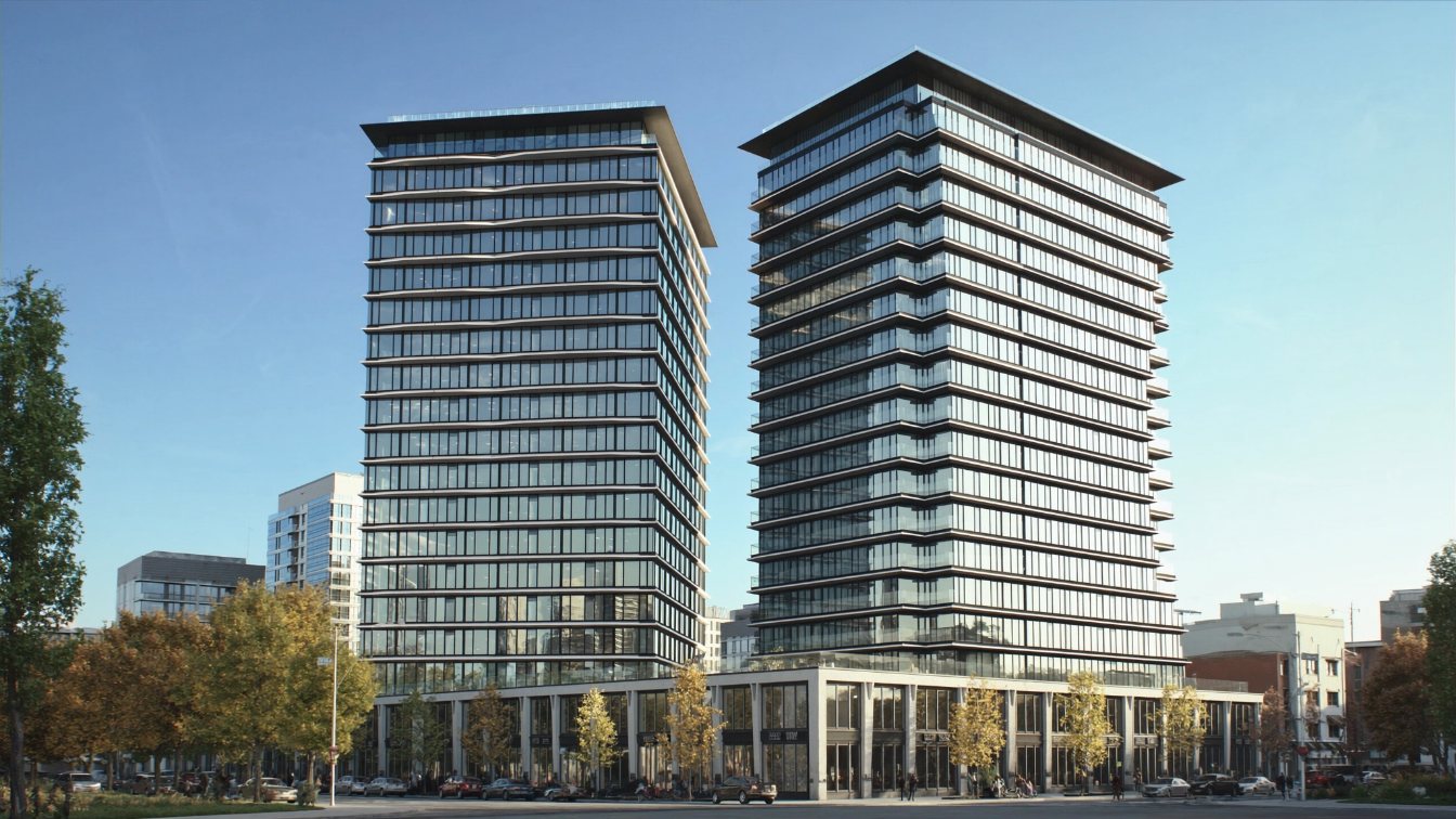 Two glass condominium towers of different heights on Yonge Street in midtown Toronto (illustrative)