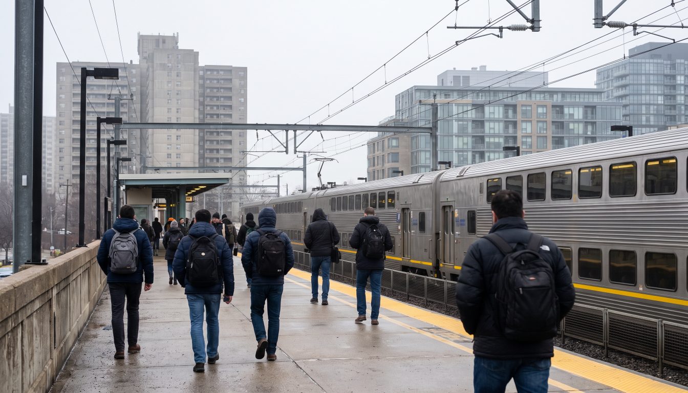 Commuter train arriving at a suburban GO-style platform with condo towers behind (illustrative)
