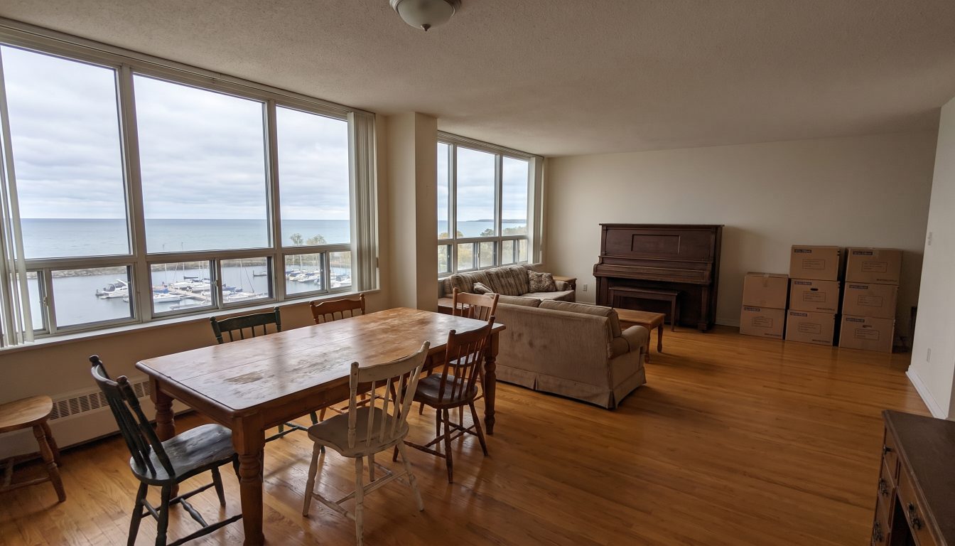 Spacious condo living and dining room with lake view and moving boxes, for a downsizing move (illustrative)