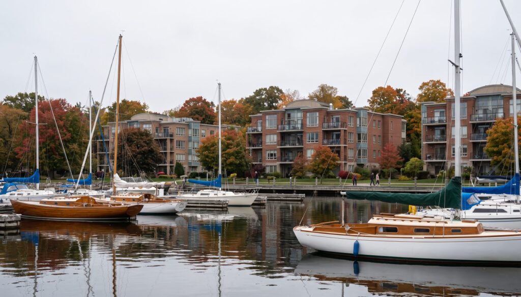 Mid-rise condo buildings behind a lakeside harbour with sailboats in autumn (illustrative)