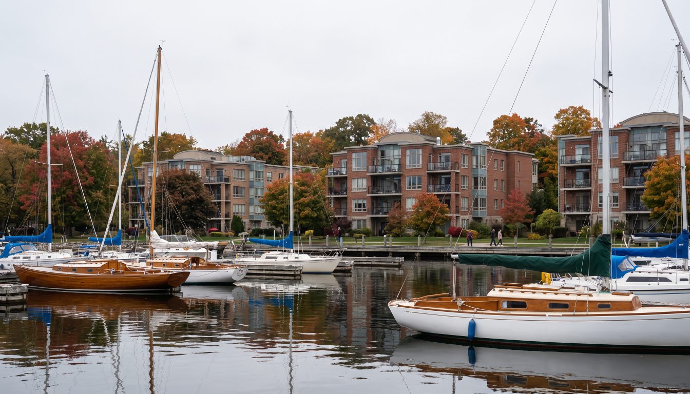 Mid-rise condo buildings behind a lakeside harbour with sailboats in autumn (illustrative)