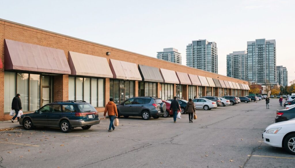 A suburban shopping plaza with storefronts and a parking lot in Mississauga, condo towers in the distance (illustrative)