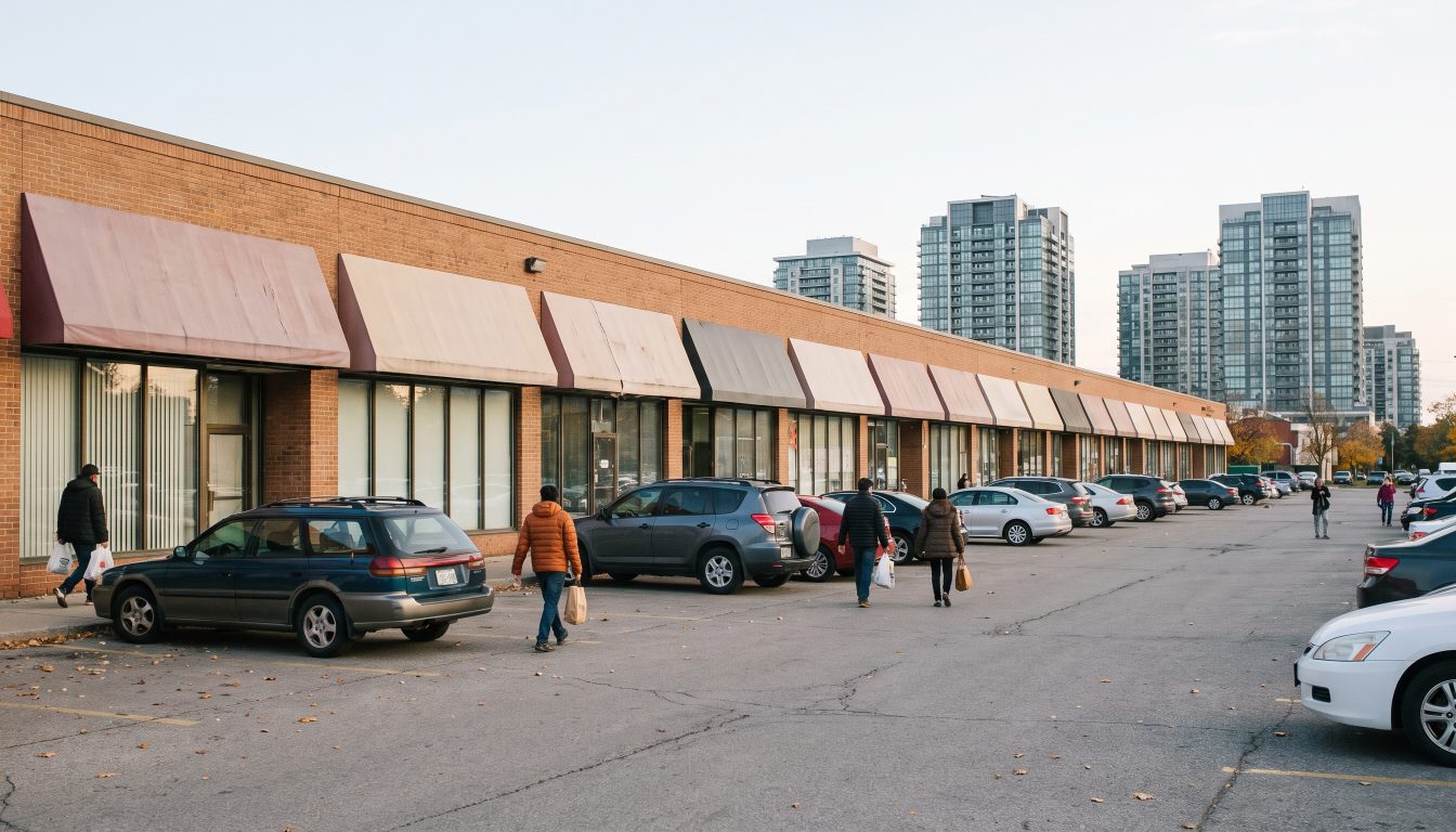 A suburban shopping plaza with storefronts and a parking lot in Mississauga, condo towers in the distance (illustrative)