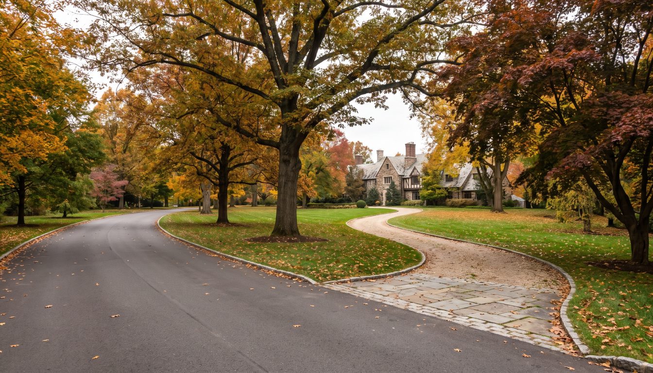 A tree-lined estate street with large homes set back on deep lots in the GTA (illustrative)