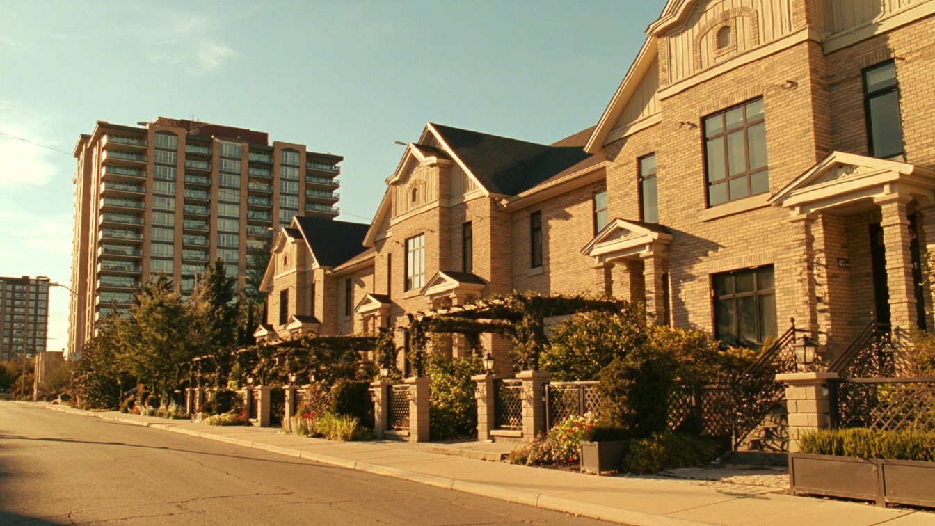 Brick condo townhouses beside a mid-rise tower on a Mimico street (illustrative)