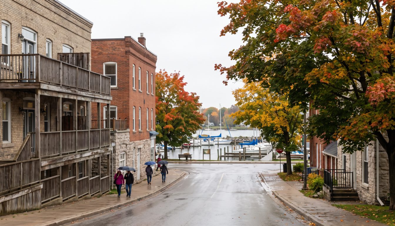 Low-rise lakeside condominium buildings on a tree-lined Oakville-style village street in autumn (illustrative)