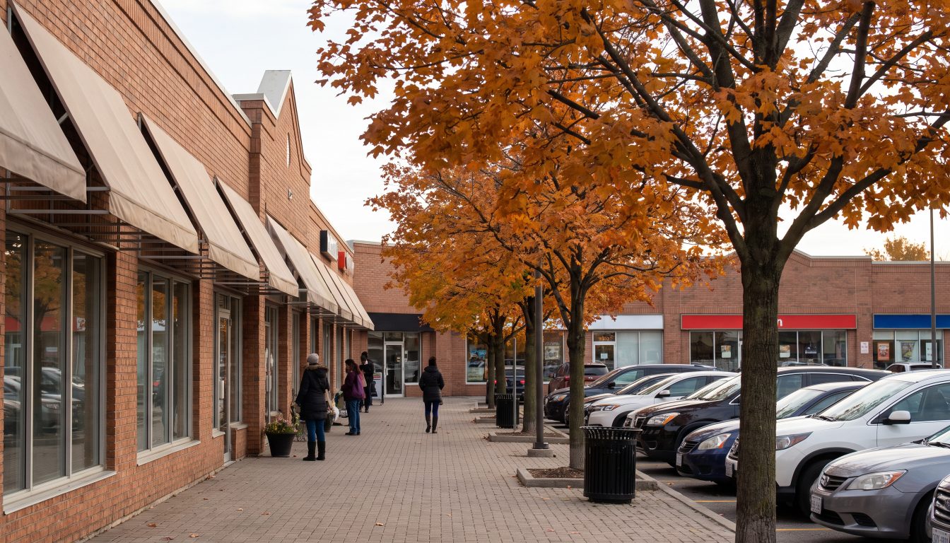 An open-air suburban shopping plaza with brick storefronts and parked cars in Oakville on an autumn afternoon (illustrative)