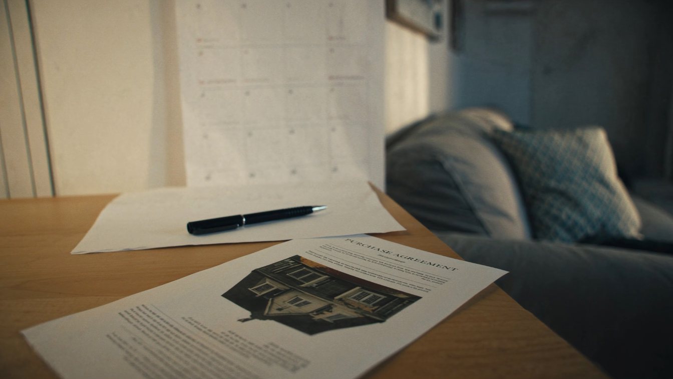 New-home purchase agreement with a pen on a table (illustrative)