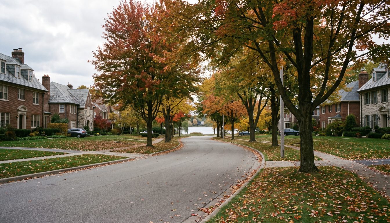 Large detached homes on a tree-lined street near a lake in Richmond Hill in autumn (illustrative)