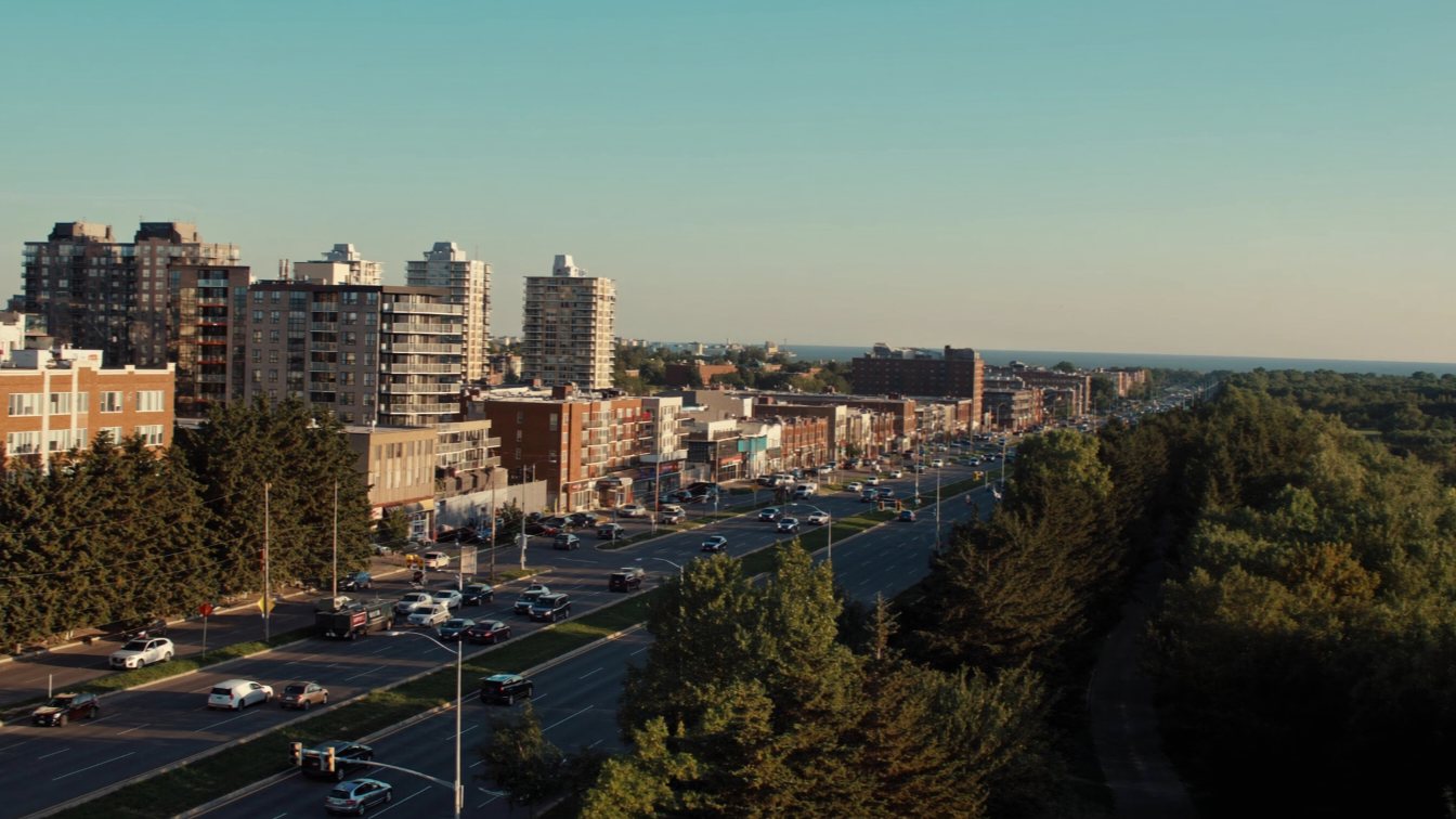The Queensway corridor in Etobicoke at golden hour (illustrative)