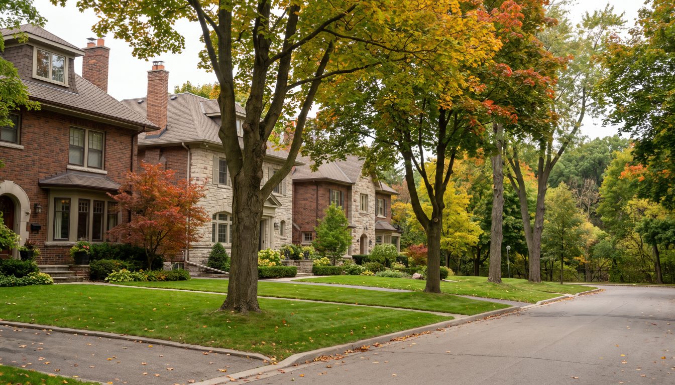 Large detached homes on a mature tree-lined street beside a ravine in Thornhill in autumn (illustrative)