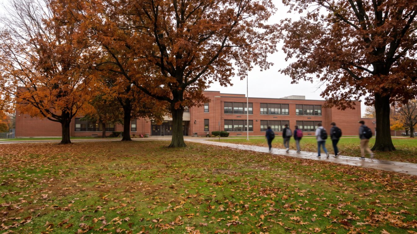 Brick secondary school building with autumn trees on a quiet Etobicoke-style suburban street (illustrative)
