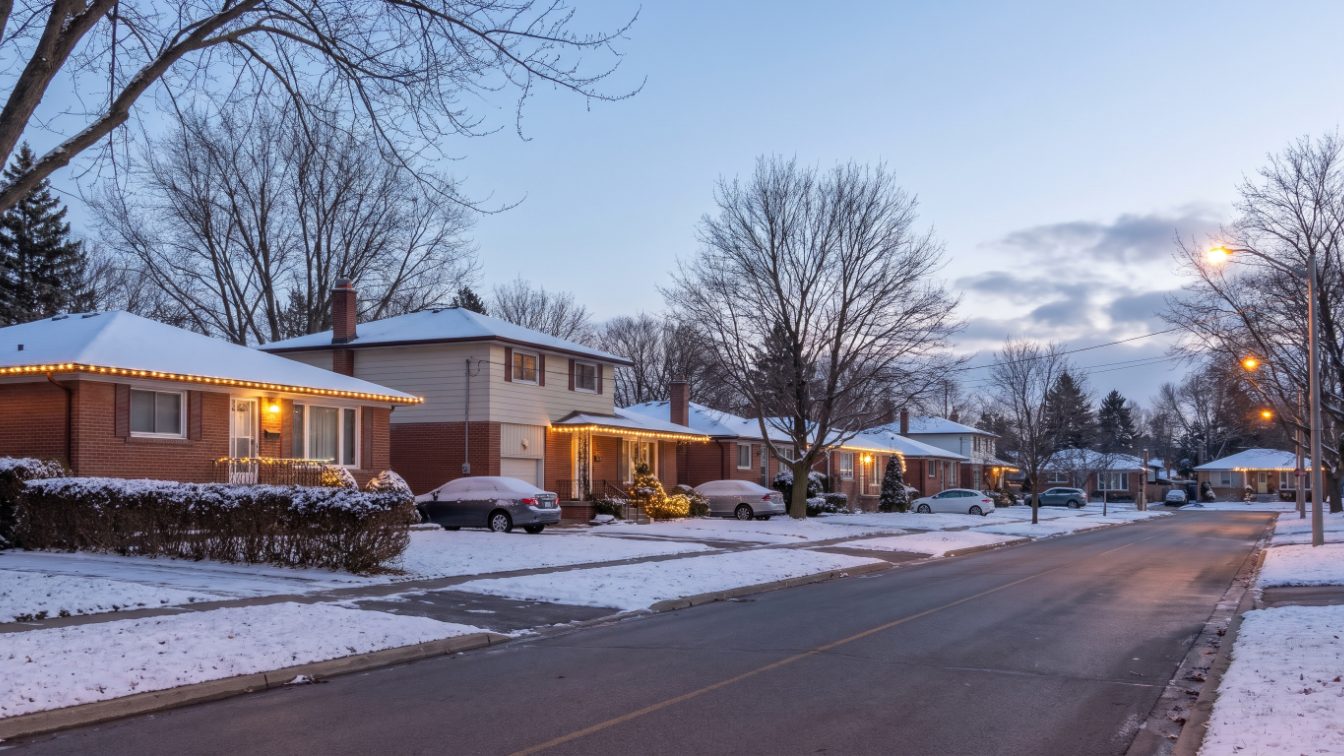 Suburban street of brick homes with warm holiday string lights and light snow at dusk (illustrative)