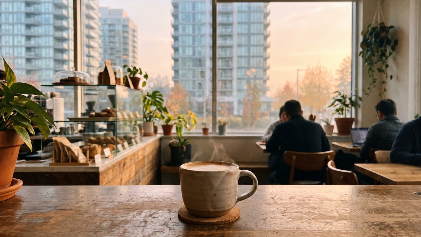 Latte on a wooden cafe counter with blurred condo towers through the window (illustrative)