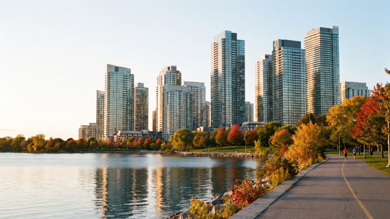 Modern condo towers behind a lakeside park and waterfront trail in early autumn (illustrative)