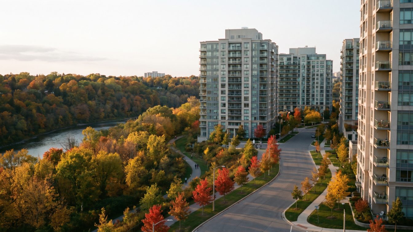 Suburban condo towers beside a wooded river valley in autumn colours (illustrative)