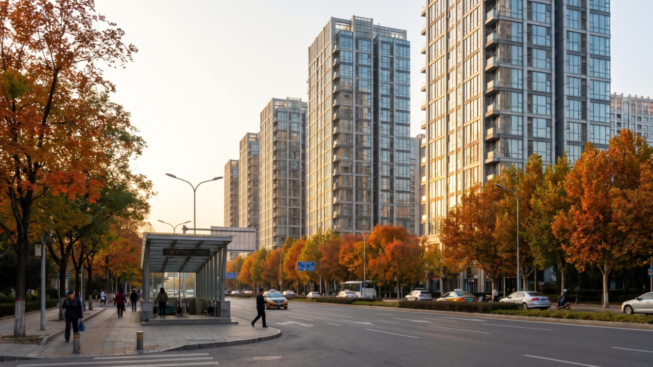 Glass condo towers along a wide North York avenue in autumn light (illustrative)