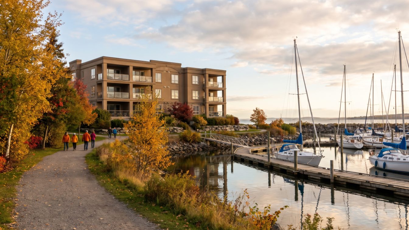 Mid-rise condo building overlooking a lakeside harbour and marina in autumn (illustrative)