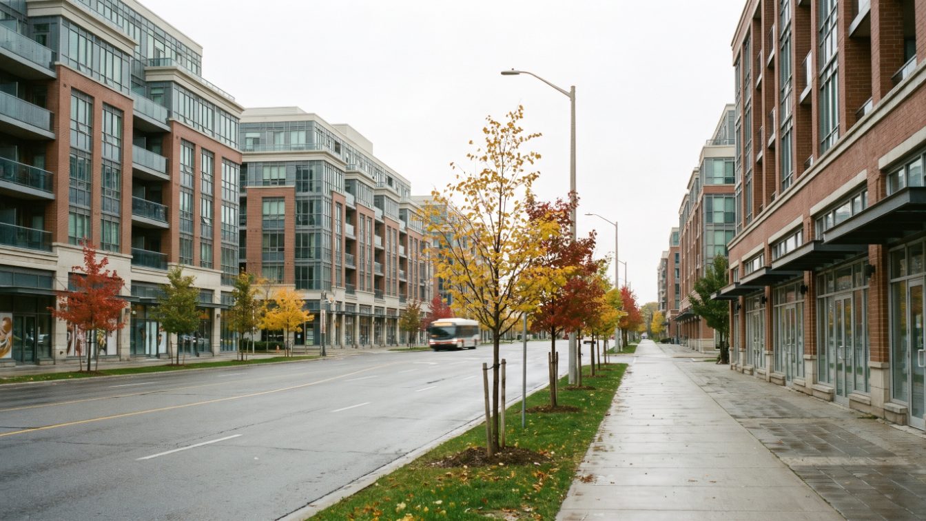 Mid-rise condo buildings with ground-floor shops along a wide Etobicoke arterial road in autumn (illustrative)