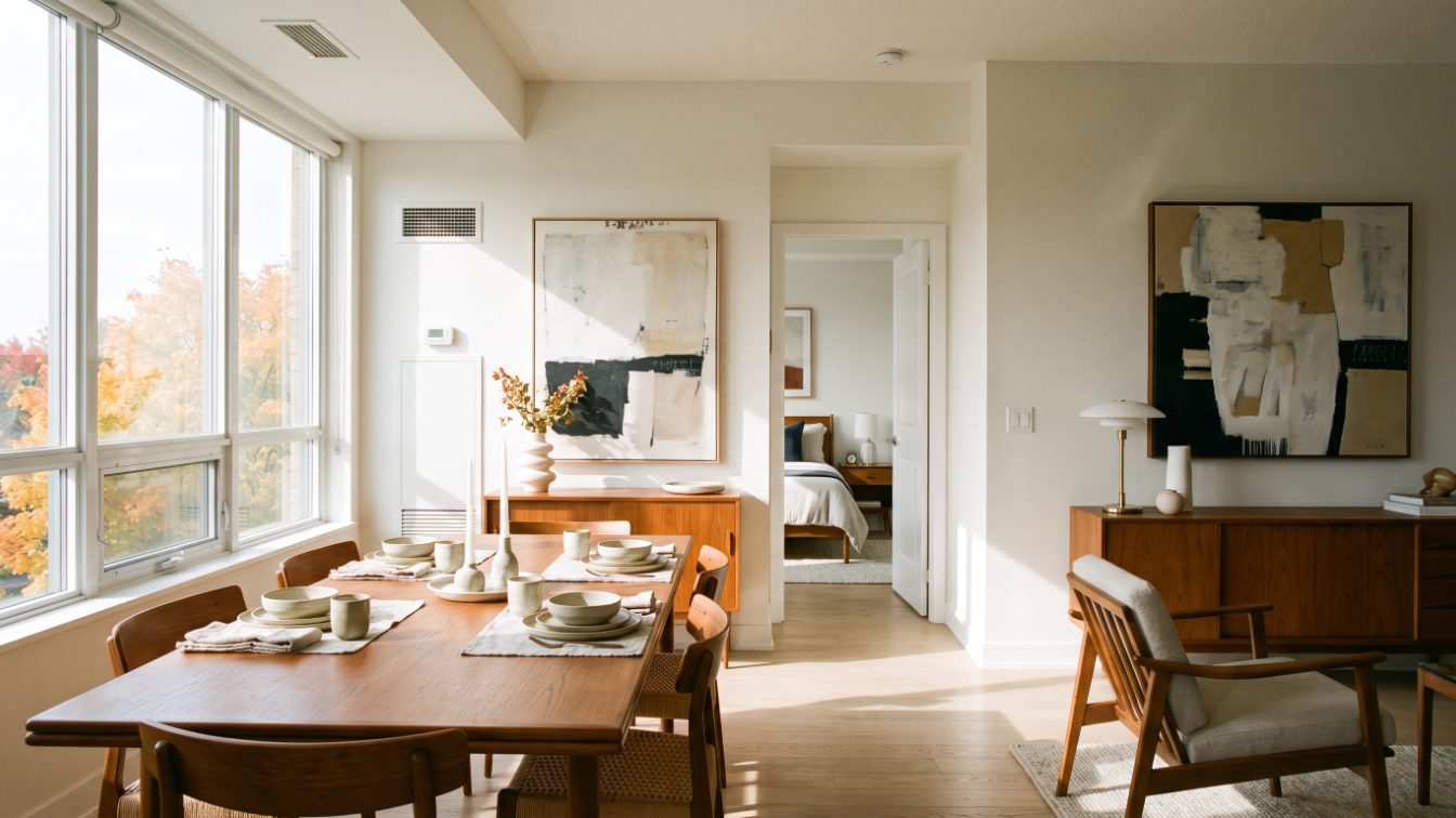 Spacious condo living and dining room with windows overlooking autumn treetops (illustrative)