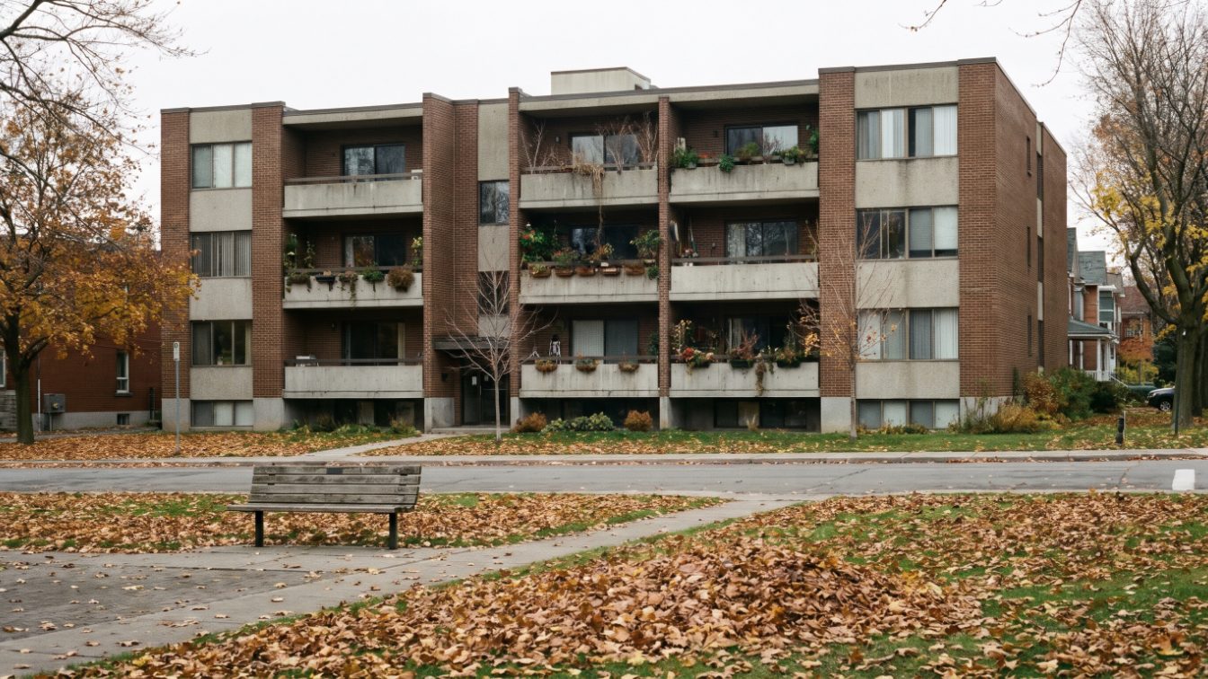 Mid-rise condo building with balconies seen across a small park in autumn (illustrative)
