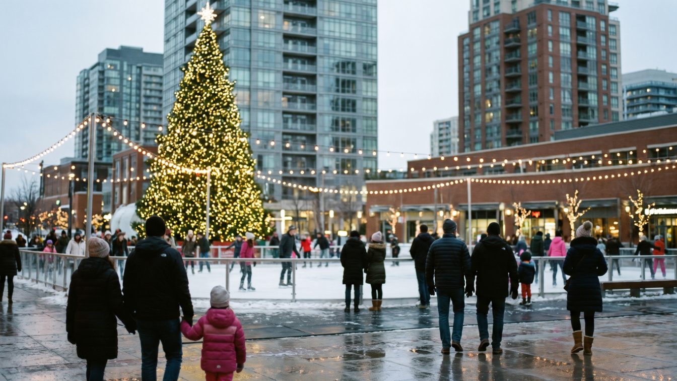 Evening crowds around a lit holiday tree and outdoor skating rink in a suburban downtown plaza (illustrative)