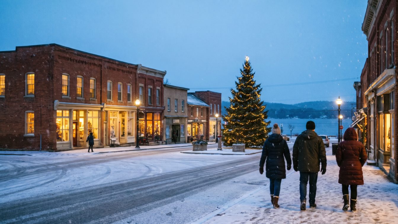 Heritage main street at dusk with a decorated holiday tree in a small square in late November (illustrative)