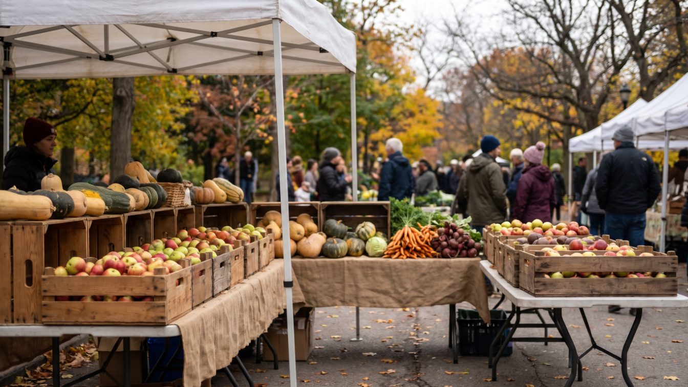 Crates of apples and squash at an autumn farmers' market stall in a city park (illustrative)