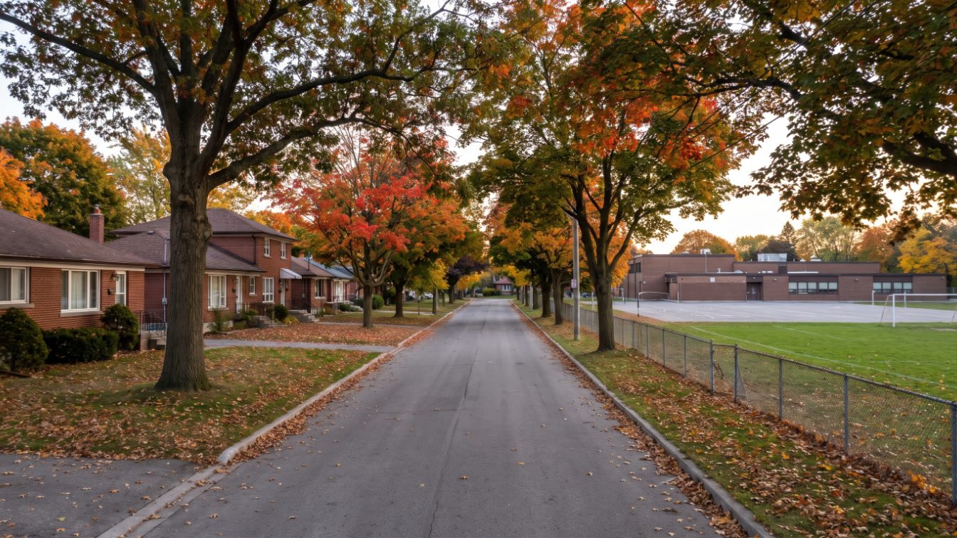 Suburban street with brick bungalows and a generic low-rise elementary school and playground in autumn (illustrative)