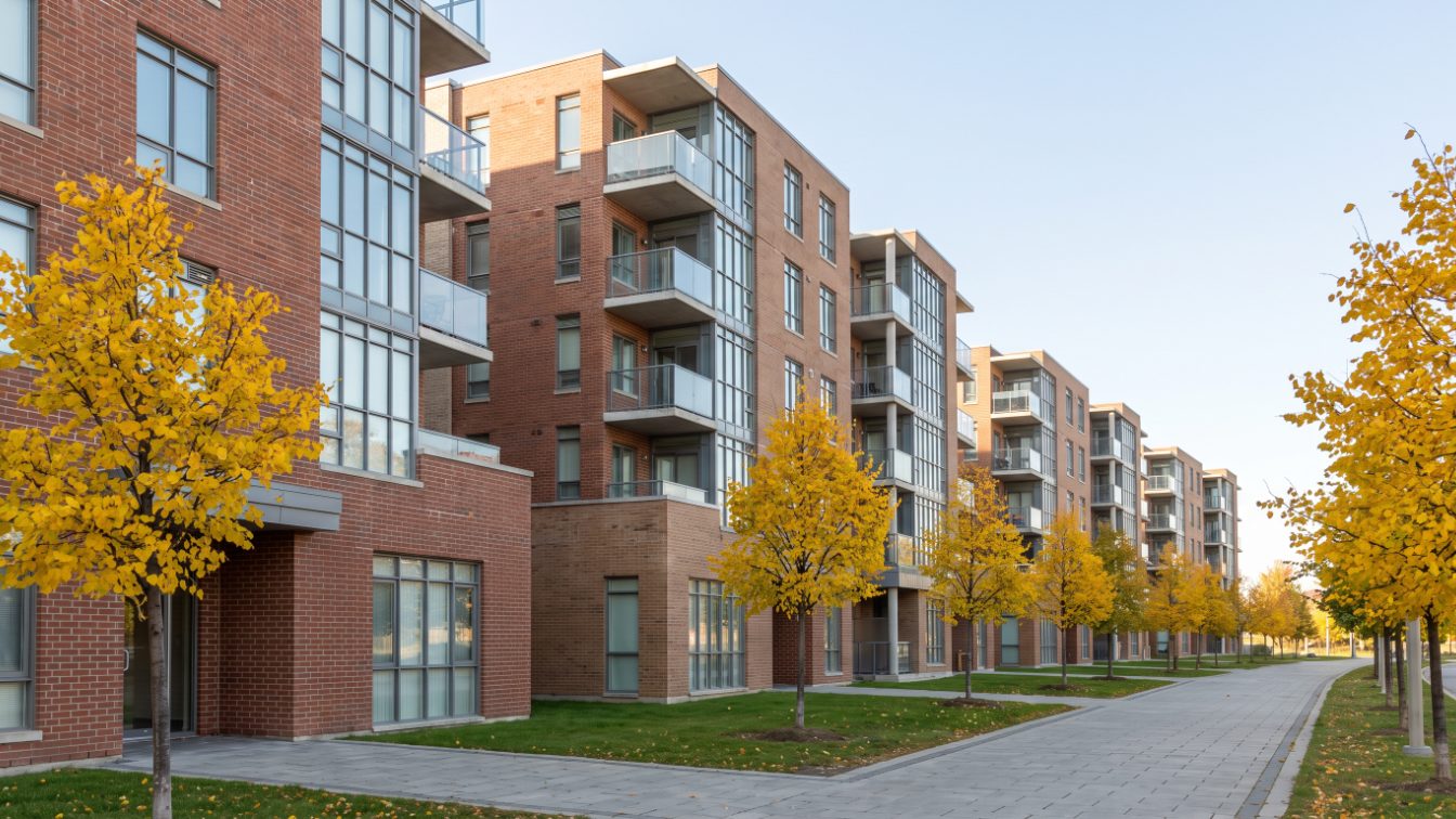 Suburban mid-rise condo buildings with balconies on a clear autumn afternoon (illustrative)