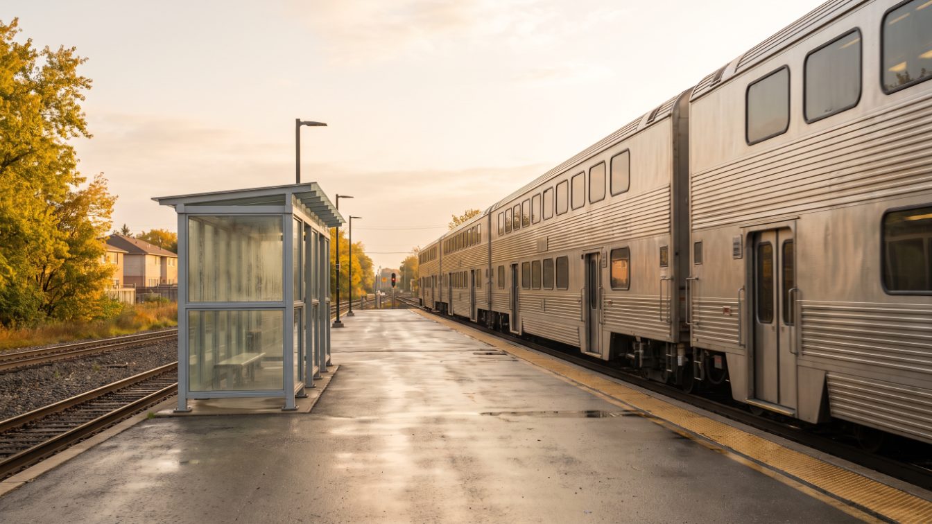 Commuter train arriving at a quiet suburban rail platform on an autumn morning (illustrative)