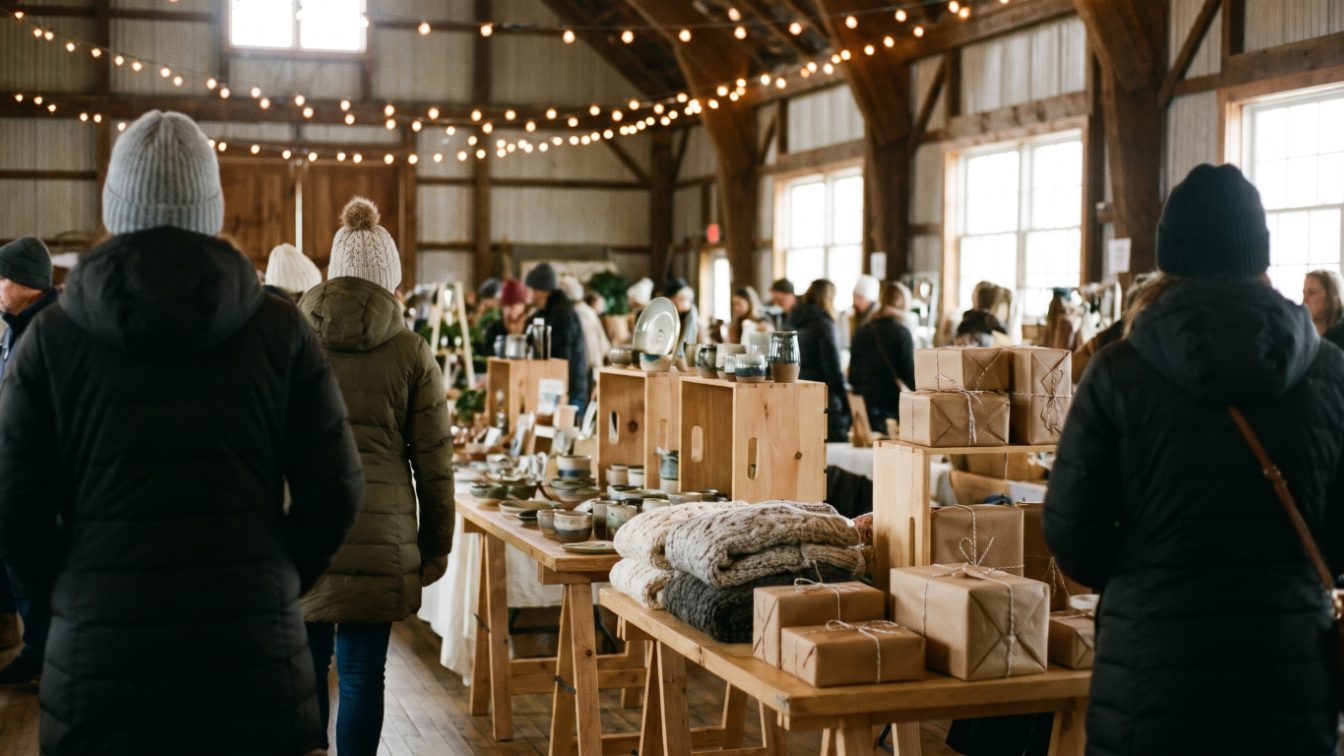 Indoor artisan holiday market with handmade goods on wooden tables under warm string lights (illustrative)