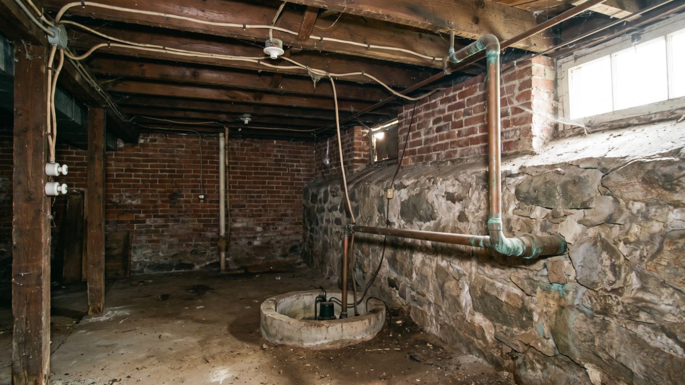 Unfinished basement of an older brick house with exposed joists, old wiring and a water pipe (illustrative)