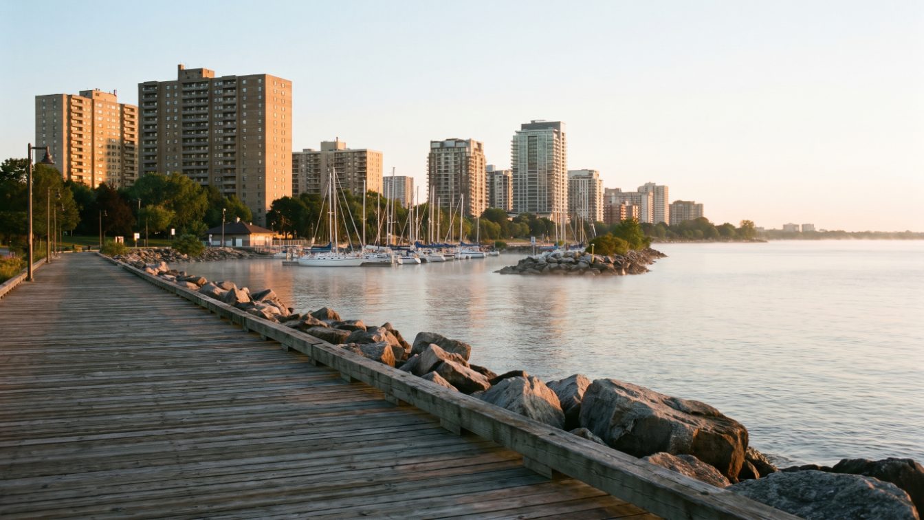 Lakeside boardwalk and marina at sunrise with residential condo towers along the shoreline (illustrative)