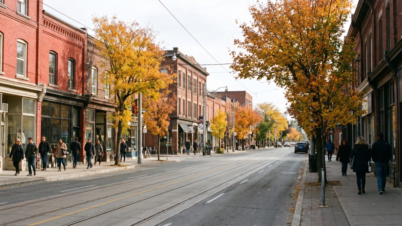 Low-rise brick storefronts and wide sidewalks on a lakeside Toronto main street in autumn (illustrative)