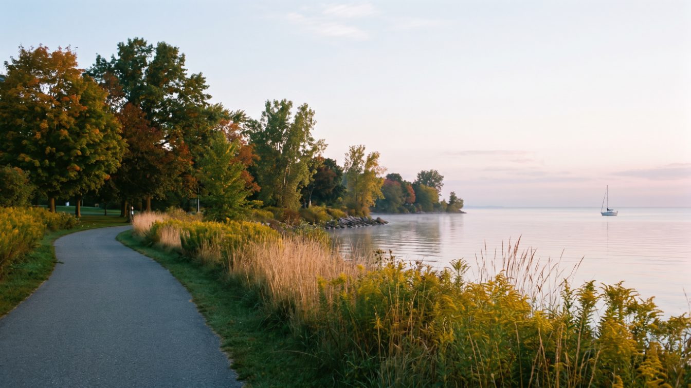 Paved waterfront trail through tall grasses beside a calm Lake Ontario shoreline in autumn (illustrative)