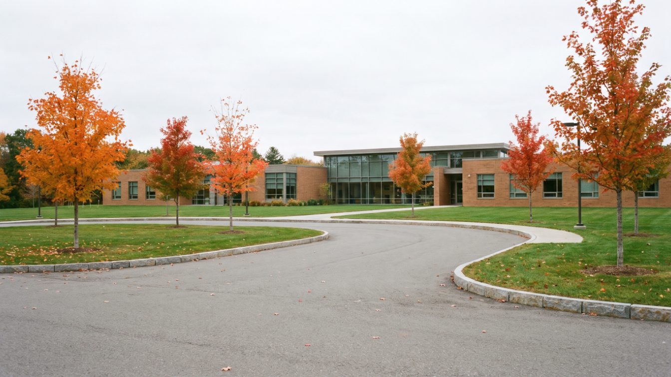 Generic low brick and glass school building with an empty drop-off loop and autumn trees (illustrative)