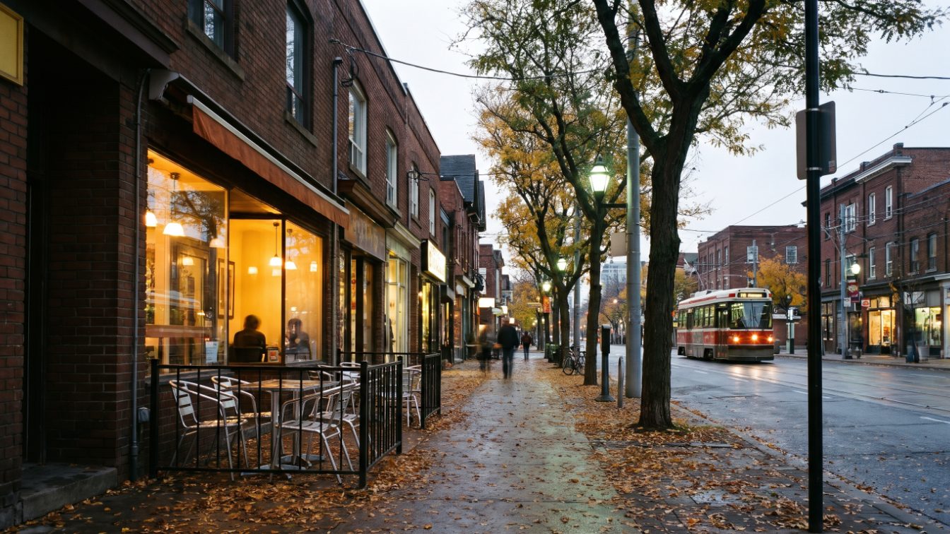 Autumn evening on a tree-lined main street with low-rise brick storefronts and a patio (illustrative)