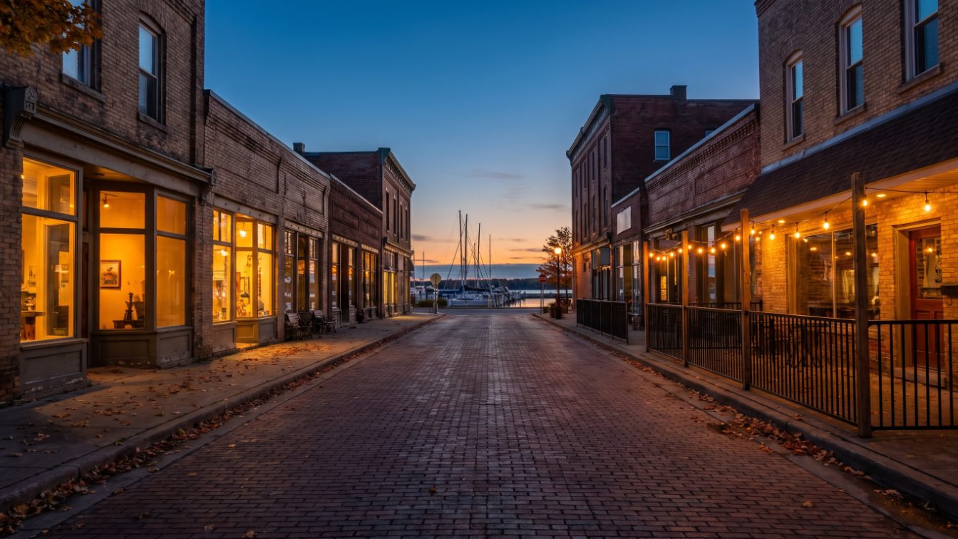 Low-rise lakeside main street with lit restaurant windows and a patio at dusk near a marina (illustrative)