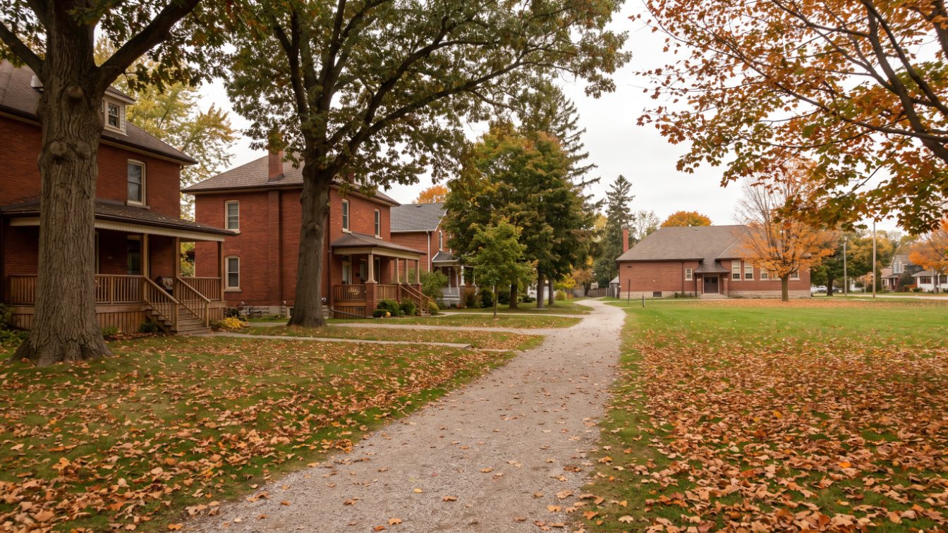 Tree-lined small-town street of brick houses leading to a low red-brick school and field in autumn (illustrative)