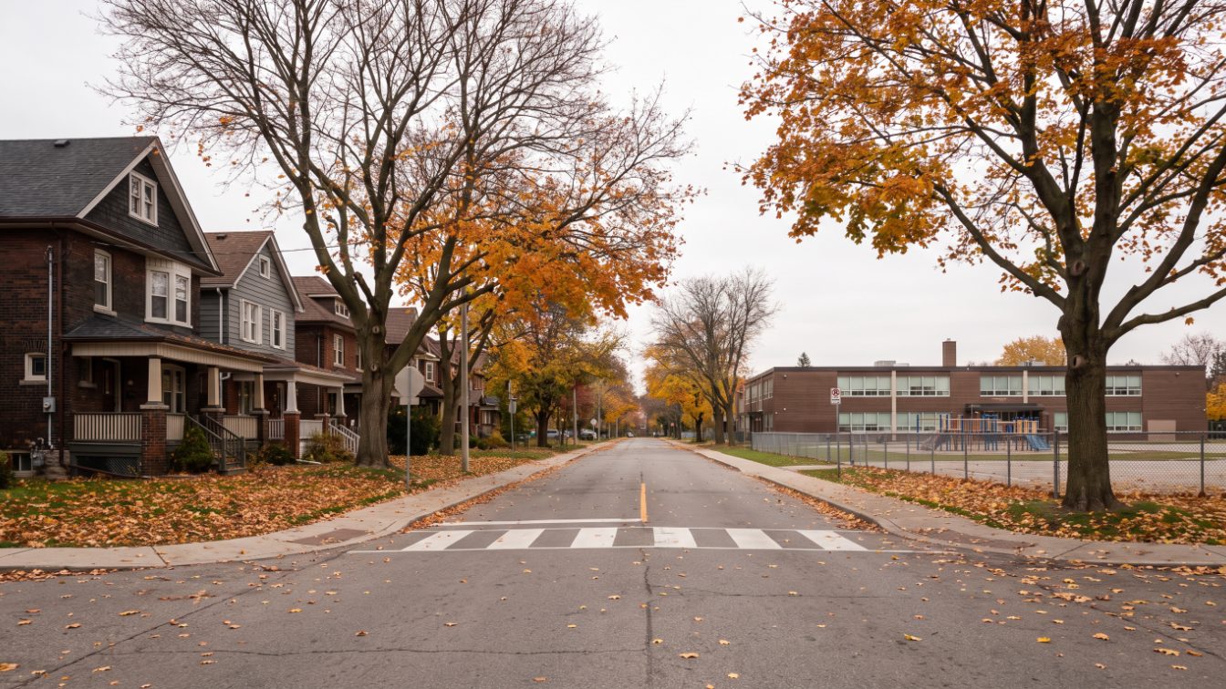 Mature suburban street with detached houses and maple trees near a low brick school and playground (illustrative)