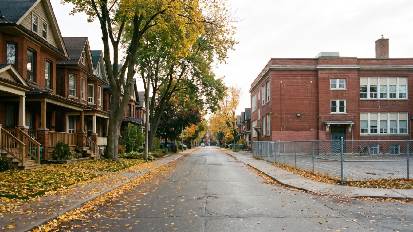 Street of brick semi-detached houses with porches and a generic brick school in autumn (illustrative)