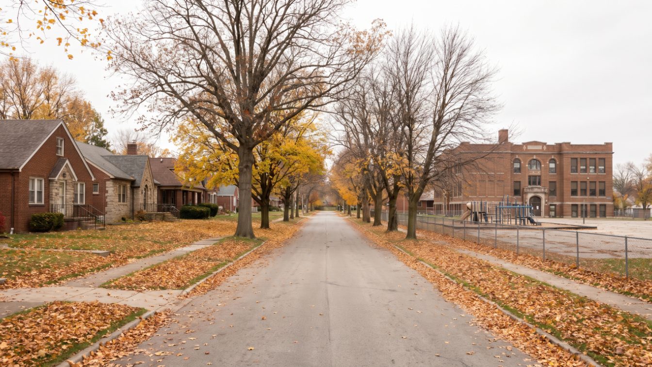 Tree-lined street with detached brick homes and a generic older school building in autumn, Leaside-style (illustrative)