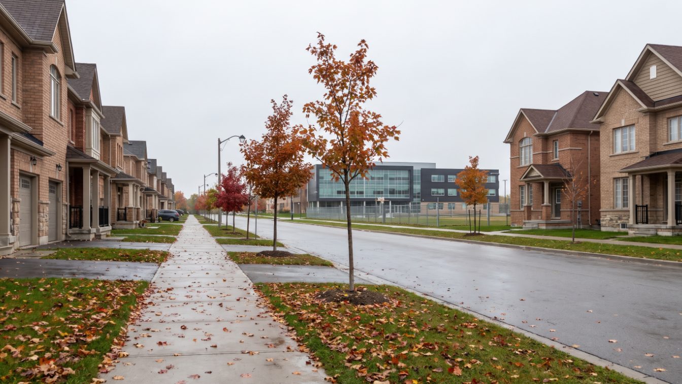 Newer suburban street of townhouses and detached homes near a modern school and sports field in autumn (illustrative)