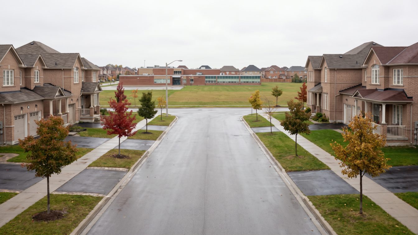 Suburban street of brick detached houses near a low school building and playing field in autumn (illustrative)