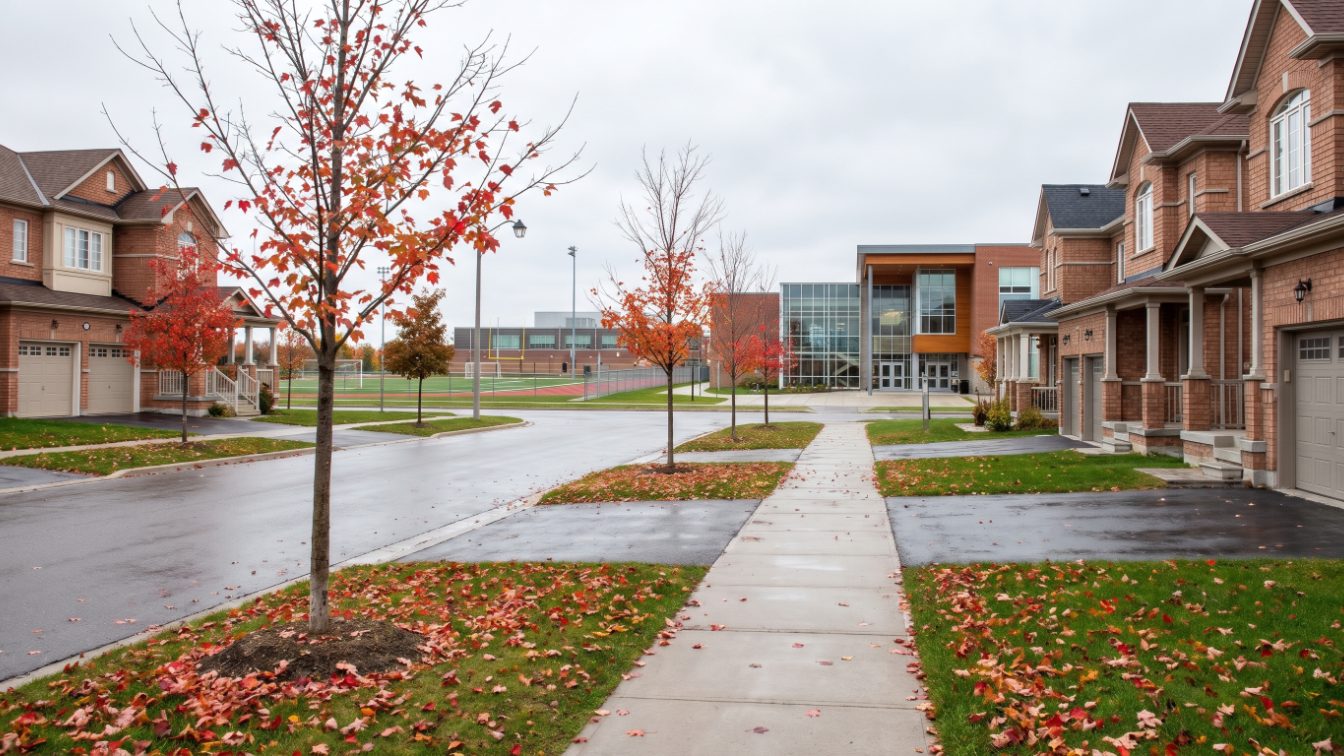 Suburban street of detached brick homes leading to a modern secondary school with a sports field in autumn (illustrative)