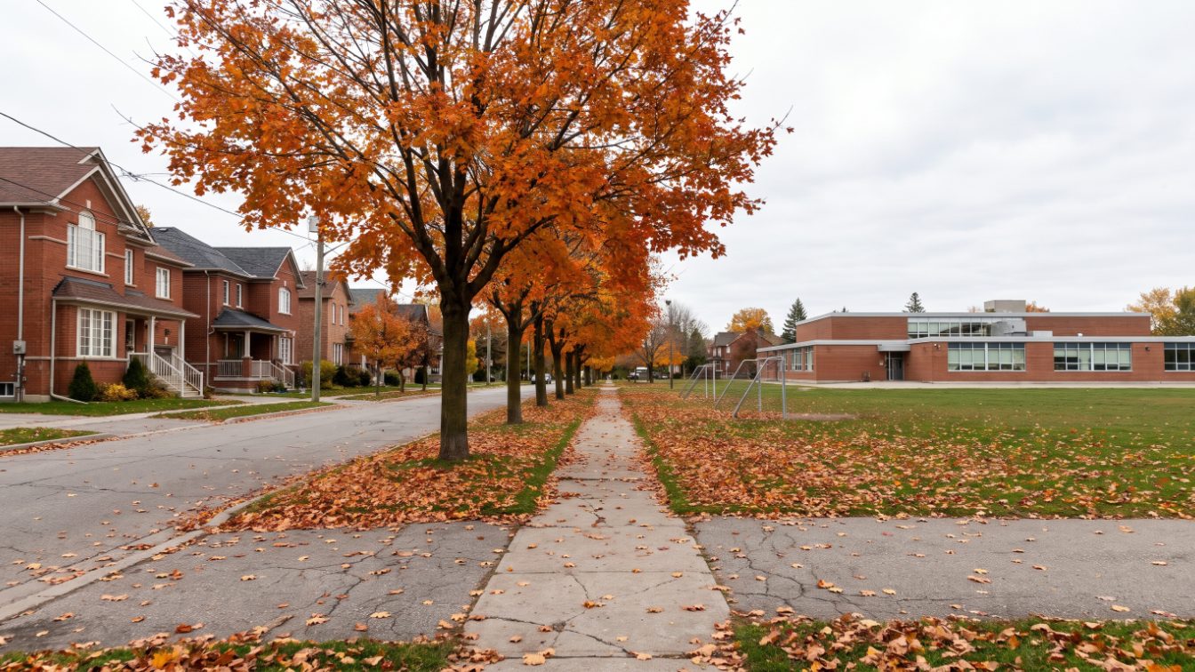 Suburban street of brick detached homes leading to a low brick school with a playing field in autumn (illustrative)